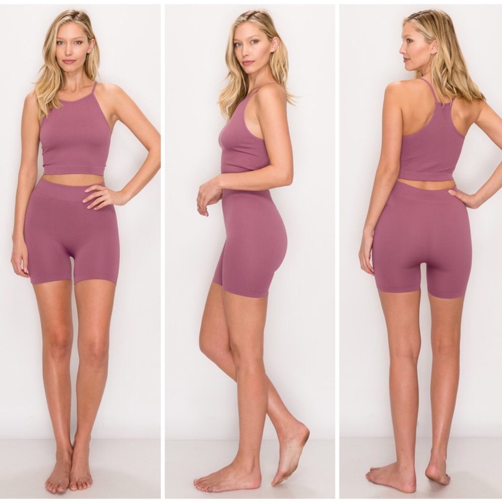 Seamless Ribbed Spaghetti Strap Tank Short Set